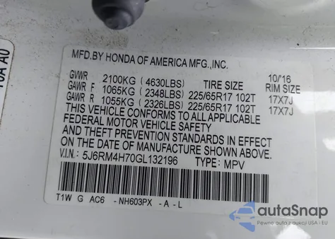 2016 Honda Cr-V Ex-L from USA, damaged, VIN 5J6RM4H70GL132196